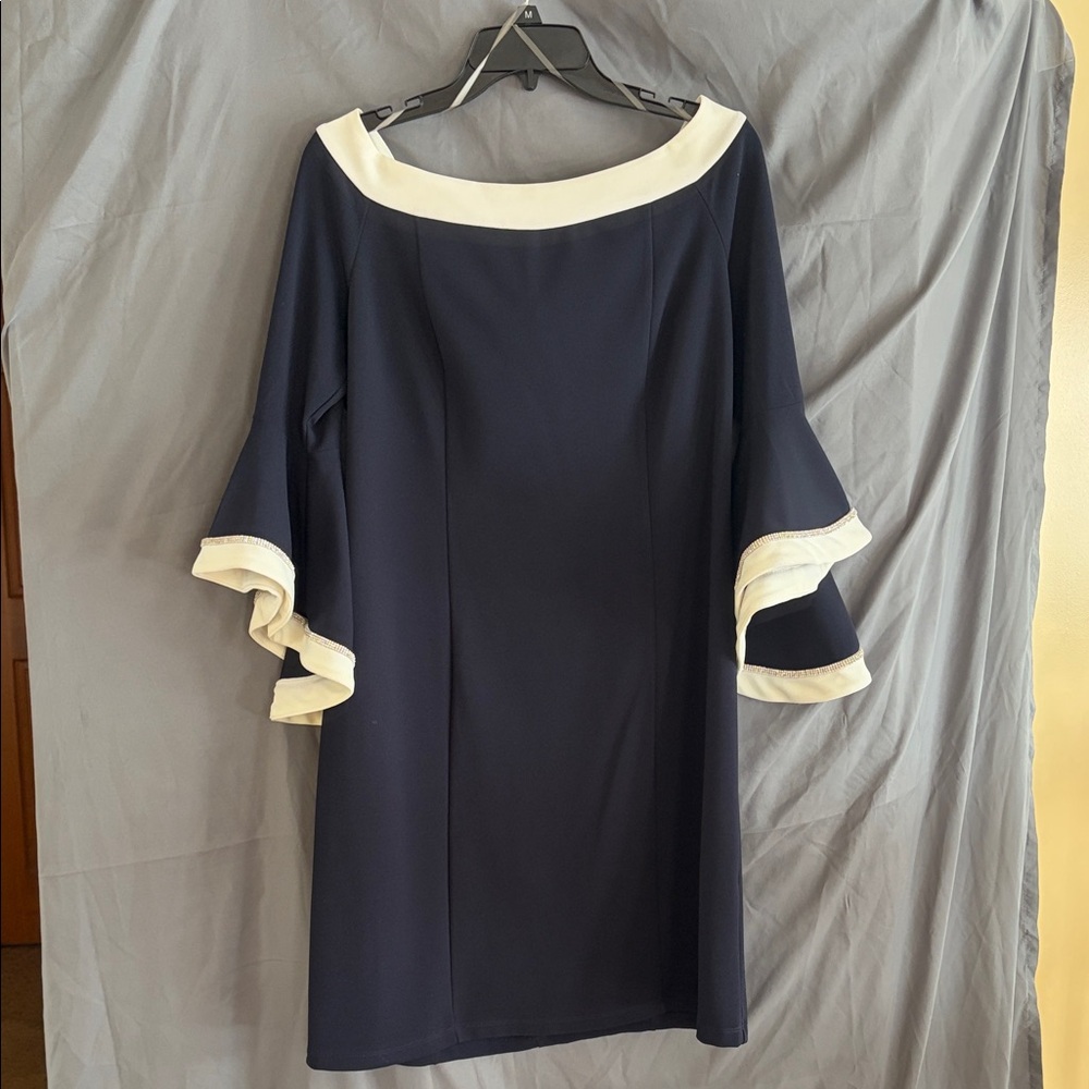 Elegant Navy Blue Dress with White and Sequined Accents